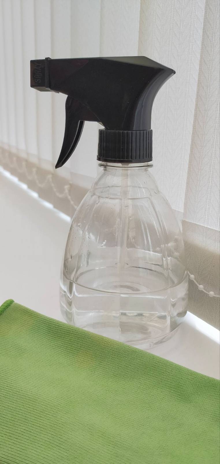 My cloth and my bottle of deionised water on the windowsill. 