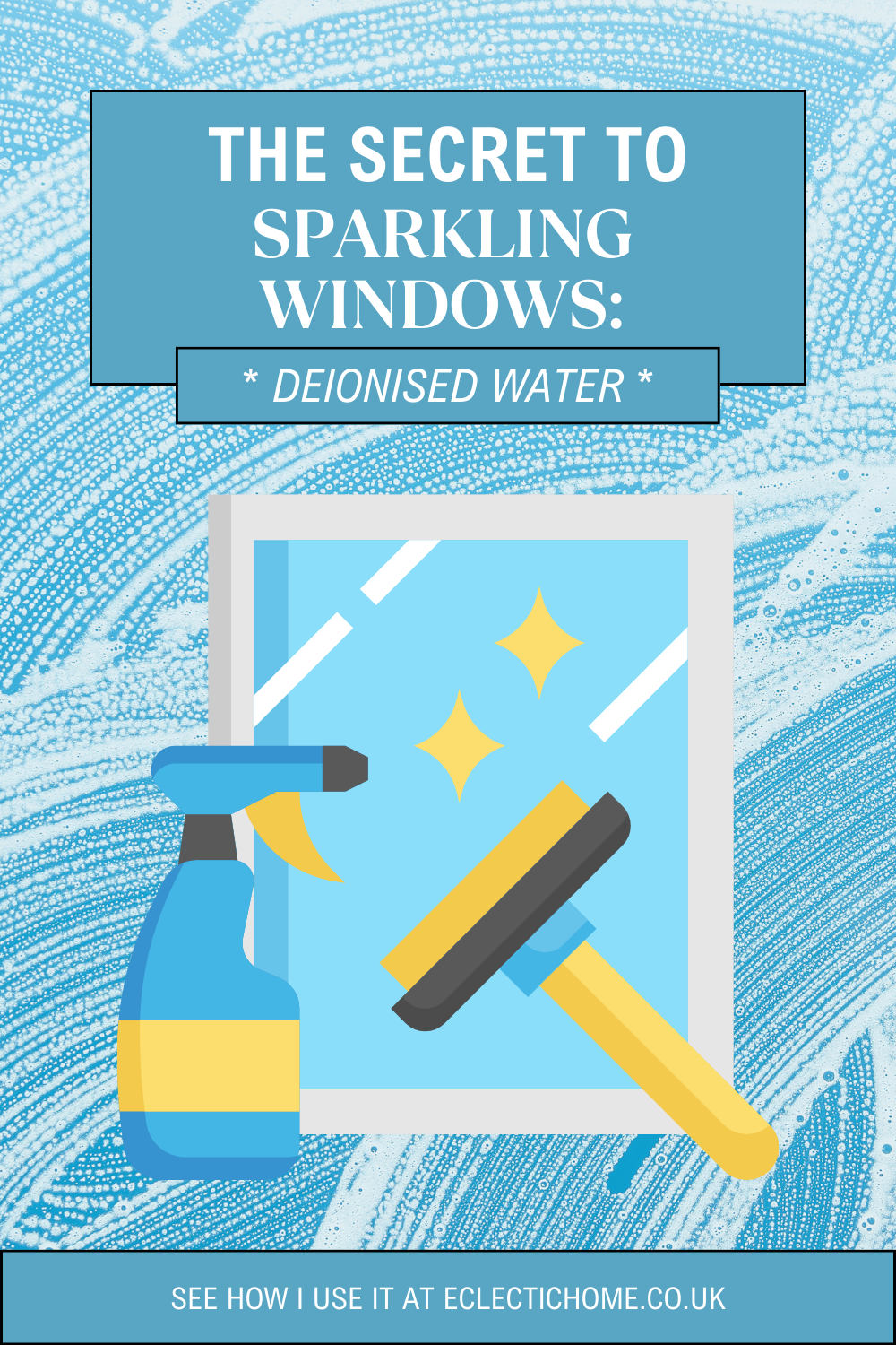 Graphic showing background of water and bubbles during window cleaning.  Foreground shows window cleaning tools illustration. Text reads "the secret to sparkling windows: deionised water". 